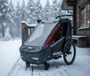 thule croozer en hiver sous la neige avec housse