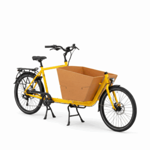 vélo cargo jaune 2 roues avec 2 béquilles de couleur jaune